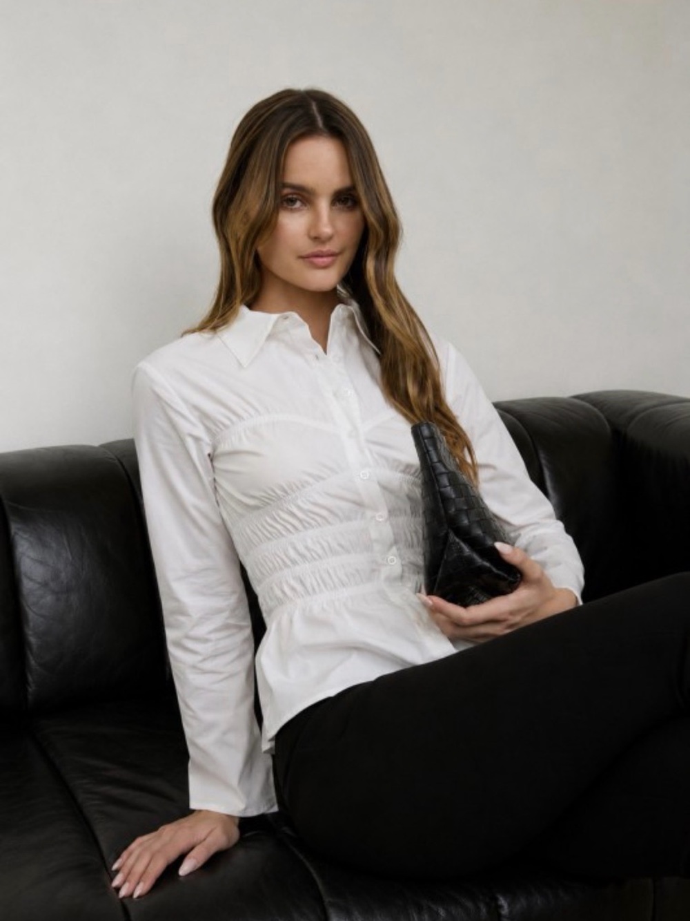 A492 White Ruched Peplum Button-Down Shirt